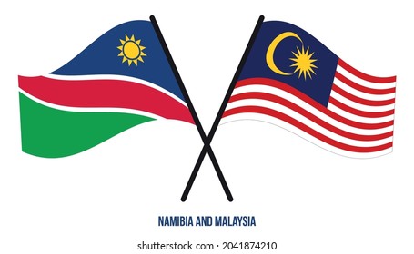 Banderas de Namibia y Malasia Cruzadas y ondeando estilo plano. Proporción oficial. Colores correctos.