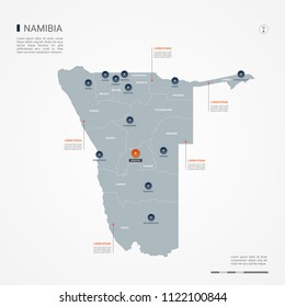 Namibia map with borders, cities, capital Windhoek and administrative divisions. Infographic vector map. Editable layers clearly labeled.