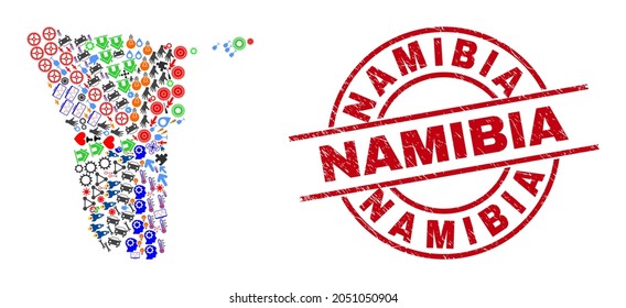 Namibia map collage and grunge Namibia red round stamp print. Namibia stamp uses vector lines and arcs. Namibia map mosaic contains markers, homes, wrenches, bugs, hands, and more symbols.