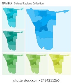Colección de mapas de Namibia. Forma de país con regiones de color. Paletas de colores azul claro, cian, verde azulado, verde claro, verde lima. Frontera de Namibia con las provincias para su infografía. Ilustración vectorial.