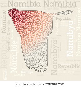 Namibia map design. Country names in different languages and map shape with geometric low poly triangles. Trendy vector illustration of Namibia.