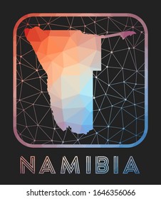 Diseño de mapas de Namibia. Mapa vectorial de polos bajos del país. Icono de Namibia en estilo geométrico. Forma de país con gradiente policéntrico y malla en fondo oscuro.