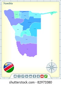Namibia Map with Flag Buttons and Assistance & Activates Icons Original Illustration