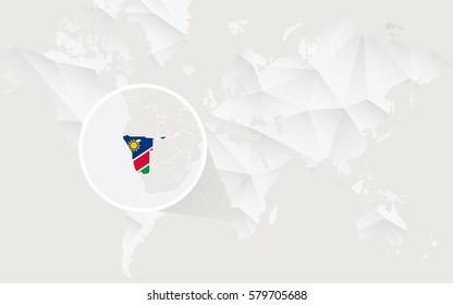 Namibia map with flag in contour on white polygonal World Map. Vector Illustration.