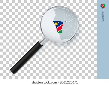 Namibia map with flag in magnifying glass on transparent background. Vector loupe with map.