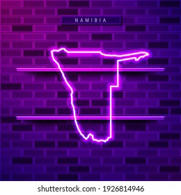 Namibia map glowing neon lamp sign. Realistic vector illustration. Country name plate. Purple brick wall, violet glow, metal holders.