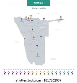 Namibia map with location pointer marks. Infographic vector template, isolated on white background. 