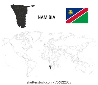 Namibia map on a world map with flag on white background.