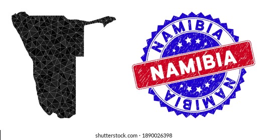 Namibia map polygonal mesh with filled triangles, and unclean bicolor stamp seal. Triangle mosaic Namibia map with mesh vector model, triangles have different sizes, and positions, and color tones.