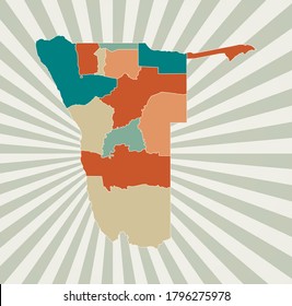 Namibia map. Poster with map of the country in retro color palette. Shape of Namibia with sunburst rays background. Vector illustration.