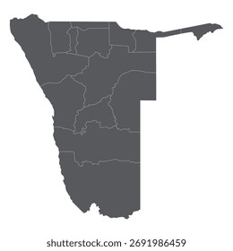 Namibia mapa de regiones. Mapa de las regiones de Namibia en color gris