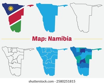 Namibia map set. internal borders marked, Simple map of Namibia vector drawing, Filled and outline.