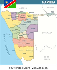 Novo 2024 Colorido - Personalizável em camadas mapa político da Namíbia com divisões administrativas para site, educação, relatórios, notícias, política, impressão, cartaz e papel de parede