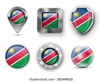Namibia Metal and Glass Flag Badges, Buttons, Map marker pin and Shields. Vector illustrations