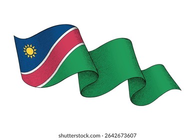 Namibia national flag waving ribbon shape with engraved vintage texture