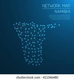 Namibia network map. Abstract polygonal Namibia network map design with glowing dots and lines. Map of Namibia networks. Vector illustration.