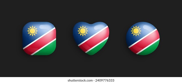 Namibia Official National Flag 3D Vector Glossy Icons In Rounded Square, Heart And Circle Form Isolated On Background. Namibian Sign And Symbols Graphic Design Elements Volumetric Buttons Collection