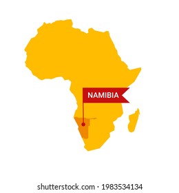 Namibia on an Africa s map with word Namibia on a flag-shaped marker.