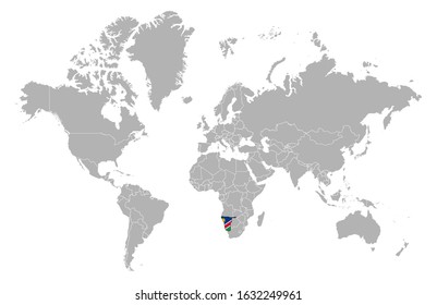 Namibia on detailed world map. With overlay Namibia flag. The location of the country of Namibia on the world map.
