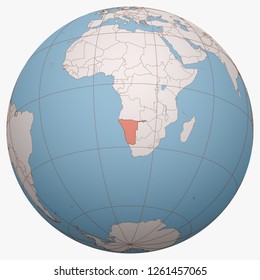 Namibia on the globe. Earth hemisphere centered at the location of the Republic of Namibia. Namibia map.