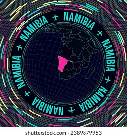 Namibia on globe. Satellite view of the world centered on Namibia. Bright neon style. Futuristic radial bricks background. Elegant vector illustration.