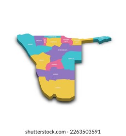 Mapa político de las divisiones administrativas de Namibia - regiones. Mapa vectorial 3D colorido con sombra caída y etiquetas de nombre de país.