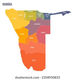Namibia political map of administrative divisions - regions. Colorful spectrum political map with labels and country name.