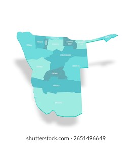Namíbia mapa político de divisões administrativas - regiões. Mapa de vetor turquesa 3D com rótulos de nome.