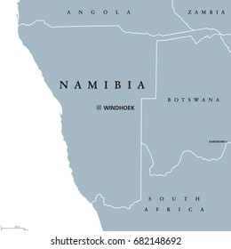 Namibia political map with capital Windhoek. Republic and country in Southern Africa on Atlantic Ocean. Former German South-West Africa. Gray illustration on white background. English labeling. Vector