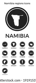 Namibia regions icons. Black round logos with country regions maps and titles. Vector illustration.