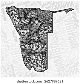 Namibia regions map word cloud. Namibia region names. Black and white map design. Creative vector illustration.