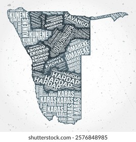 Namibia regions word clouds. Country shape on textured background. Namibia design in typographic style. Creative vector illustration.