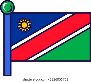 Bandera de la república de Namibia sobre el vector de asta. Banda diagonal roja de borde blanco, triángulo verde y sol dorado en campo azul. Símbolo patriótico de país africano ilustración de caricatura plana