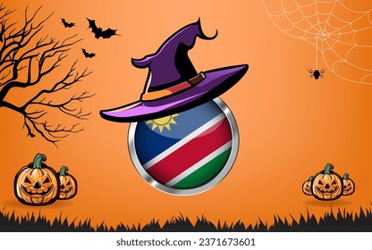 namibia round flag with Happy Halloween banner or party invitation background. bats, spiders and pumpkins, orange background