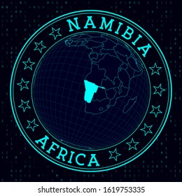 Namibia round sign. Futuristic satelite view of the world centered to Namibia. Country badge with map, round text and binary background. Amazing vector illustration.