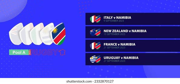 Namibia rugby national team schedule matches in group stage of international rugby competition. Vector set.