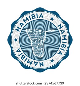 Namibia seal. Country round logo with the shape of Namibia and the country name in multiple languages wordcloud. Artistic emblem. Superb vector illustration.
