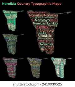 Namibia. Conjunto de ilustraciones de país de estilo tipográfico. Construcción de mapas de Namibia con nombres de países horizontales y verticales. Ilustración vectorial.