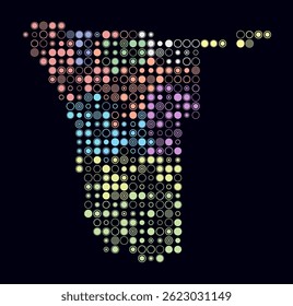 Namibia, shape of the country built of colored cells. Digital style map of Namibia on dark background. Large size circle blocks. Vibrant vector illustration.