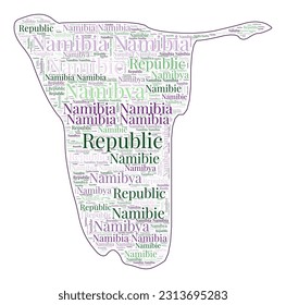 Namibia-Form, gefüllt mit Ländernamen in vielen Sprachen. Namibia-Karte im Stil von WordCloud. Trendy Vektorgrafik.