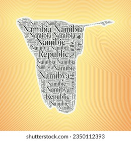 Namibia-Form, die durch Ländernamen in mehreren Sprachen gebildet wird. Namibia grenzt auf stylischem, gestreiftem Farbverlauf-Hintergrund. Lebhaftes Poster. Herrliche Vektorgrafik.