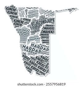 Namibia shape text cloud. Country border with shadow on white background. Namibia with regions division in vintage gazette style. Awesome vector illustration.