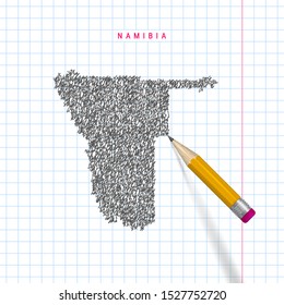 Namibia sketch scribble map drawn on checkered school notebook paper background. Hand drawn vector map of Namibia. Realistic 3D pencil with rubber.
