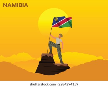 Namibia Soldier on top of the mountain with the Namibia flag. 
illustration of Namibia Army soilder holding flag of Namibia Happy Republic Day