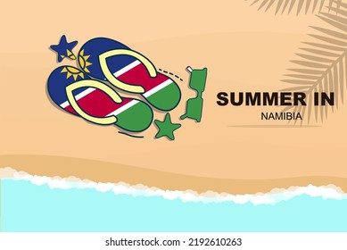 Namibia summer holiday vector banner, beach vacation concept, flip flops sunglasses starfish on sand, copy space area, Namibia summer travel and tourism idea with flag