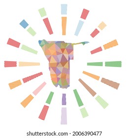 Namibia-Sonnenbrand. Low-Poly-Streifen Rochen und Karte des Landes. Authentische Vektorgrafik.