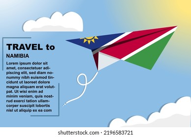 Namibia travel vector banner with paper flag and text space, Namibia country flag on paper plane, holiday and vacation concept, summer travel template and pattern, flight ticket idea