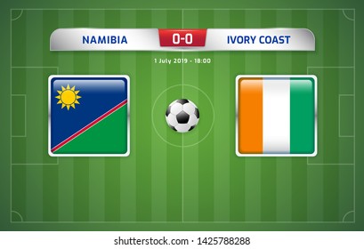 Namibia vs Ivory Coast scoreboard broadcast template for sport soccer africa tournament 2019 Group D and football championship in egypt vector illustration