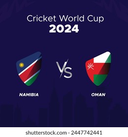 NAMIBIA vs Oman International Cricket Match. Rival flags of both teams with badge shields. USA Skyline in the background. 