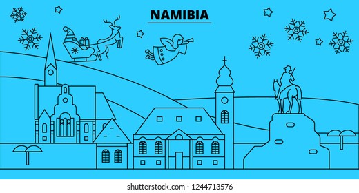Namibia winter holidays skyline. Merry Christmas, Happy New Year decorated banner with Santa Claus.Namibia linear christmas city vector flat illustration